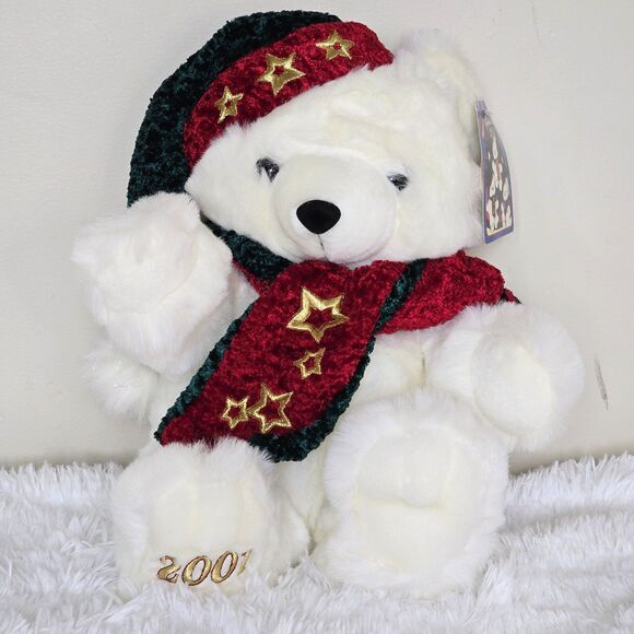 2001 Kmart Collectible Bear Christmas Edition Red & Green Hat & Scarf With Stars - Picture 1 of 7